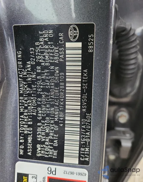 2013 Toyota Camry L z USA, uszkodzony, nr VIN 4T4BF1FK4DR288109